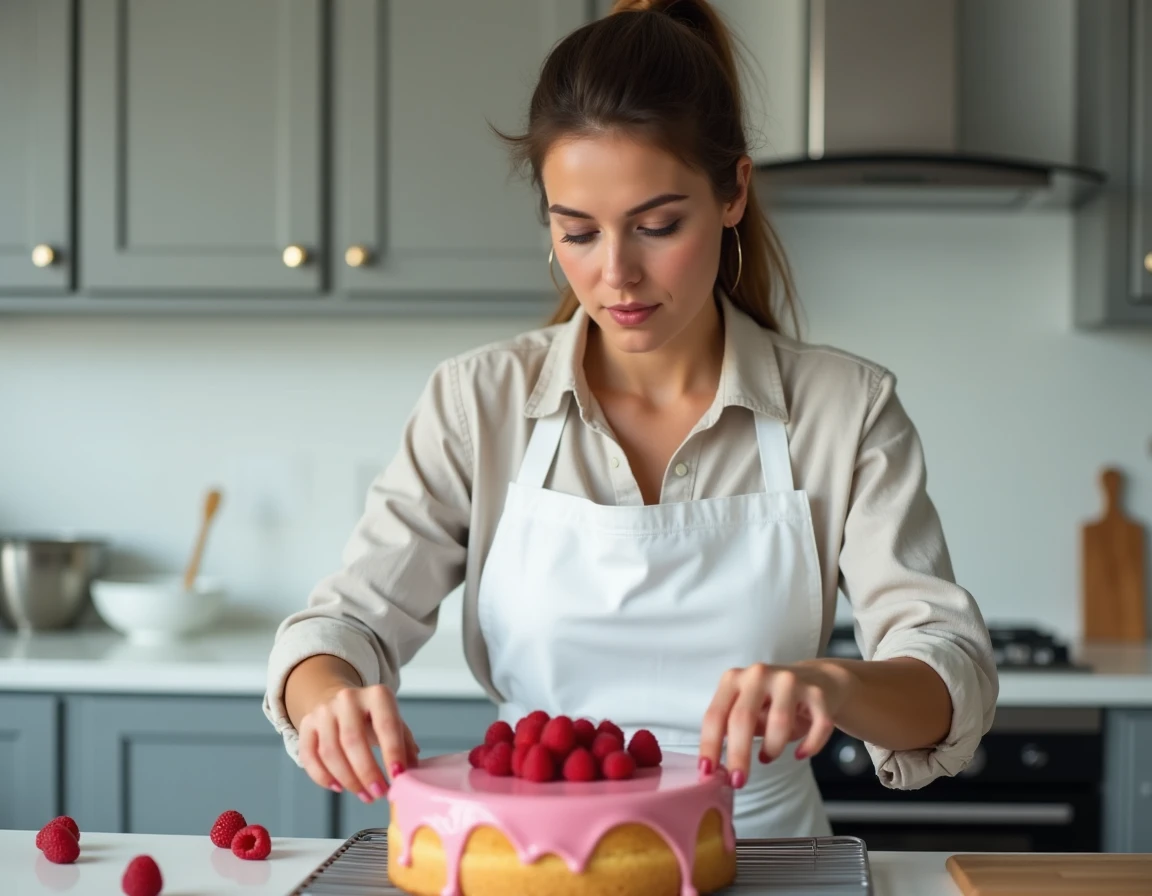Femme en tablier blanc décorant soigneusement un gâteau à la framboise dans une cuisine moderne et lumineuse