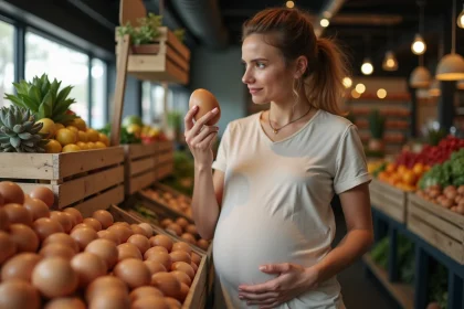 Femme enceinte examine des &oelig;ufs dans un march&eacute; int&eacute;rieur