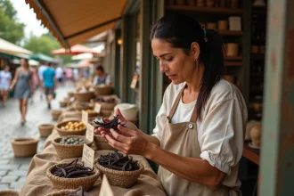 Femme examinant des gousses de vanille au marché pour comparer le prix au kilo et éviter les erreurs d'achat
