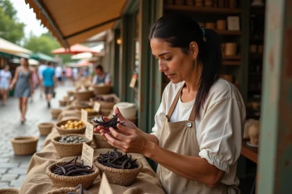 Femme examinant des gousses de vanille au marché pour comparer le prix au kilo et éviter les erreurs d'achat