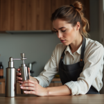 Femme dans la cuisine examinant un siphon à crème
