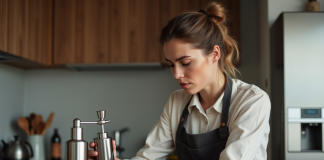 Femme dans la cuisine examinant un siphon à crème