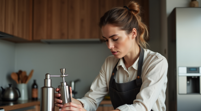 Femme dans la cuisine examinant un siphon à crème