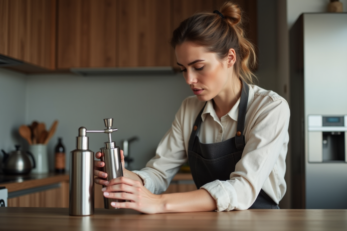 femme-examinant-siphon-cuisine Femme dans la cuisine examinant un siphon à crème