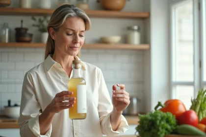 Femme musulmane lisant attentivement l'étiquette d'une bouteille de vinaigre d'alcool dans une cuisine moderne