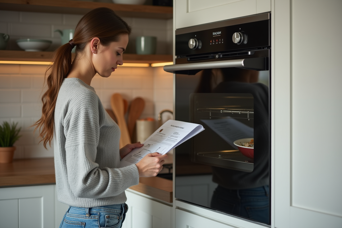 Jeune femme lisant le manuel d’un four vapeur dans la cuisine