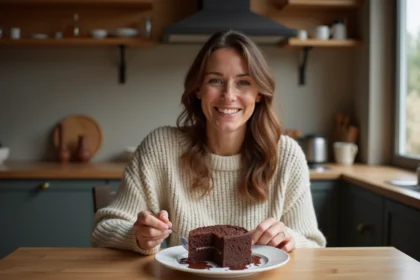 Femme souriante d&eacute;gustant un fondant au chocolat dans une cuisine chaleureuse