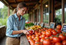 Femme inspectant des tomates bio au marché en plein air