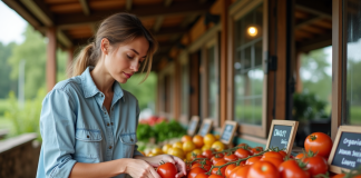 Femme inspectant des tomates bio au marché en plein air