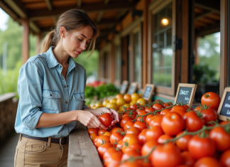 Aliments biologiques : Comment vérifier leur qualité ? Femme inspectant des tomates bio au marché en plein air