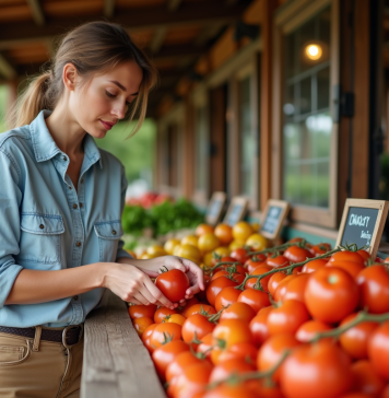 Aliments biologiques : Comment vérifier leur qualité ? Femme inspectant des tomates bio au marché en plein air