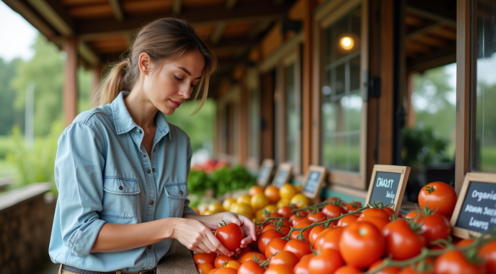 Aliments biologiques : Comment vérifier leur qualité ? Femme inspectant des tomates bio au marché en plein air