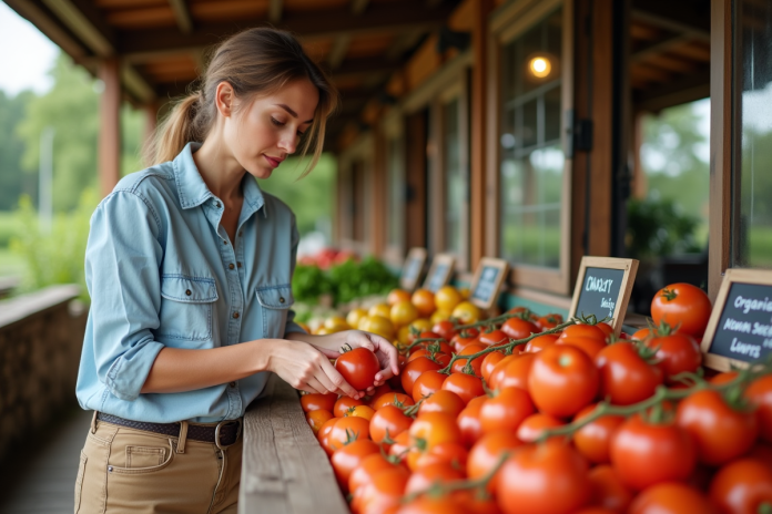 femme-maraicher-tomates-bio Femme inspectant des tomates bio au marché en plein air