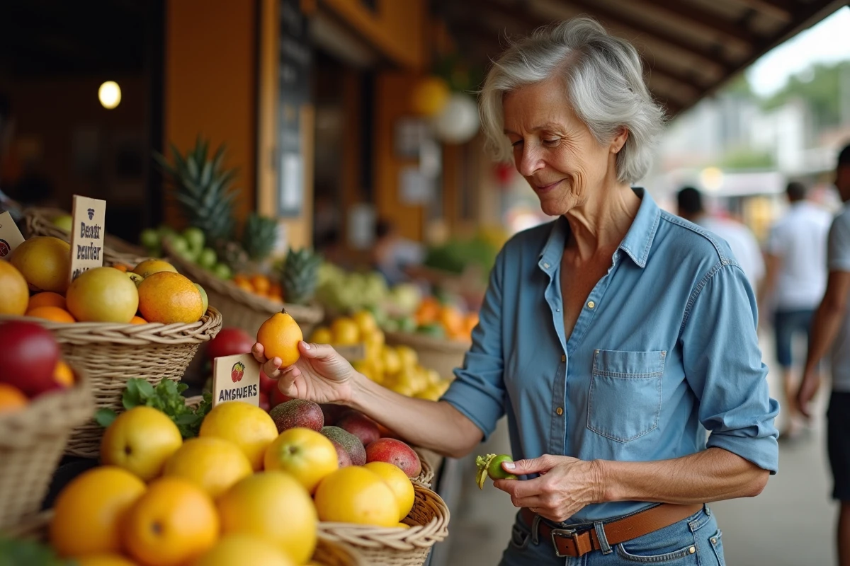 Femme choisissant un fruit exotique au march&eacute;