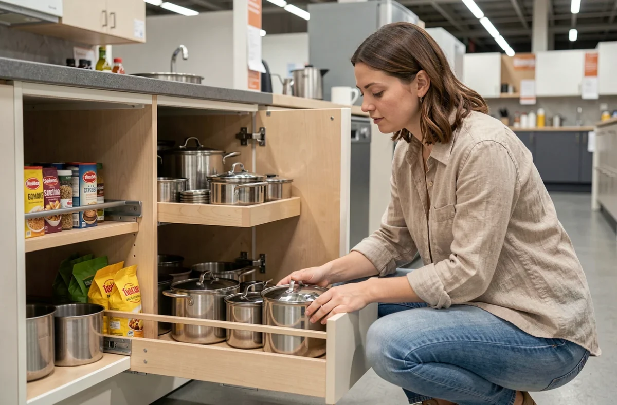Femme inspectant un meuble bas IKEA avec rangements coulissants dans un showroom de cuisine