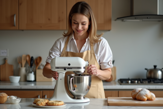 Femme en tablier beige utilisant un mixeur dans une cuisine moderne