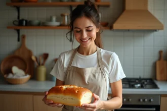 Femme souriante sortant un pain rustique doré du four