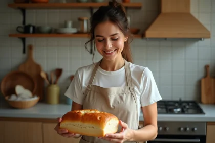 Femme souriante sortant un pain rustique doré du four
