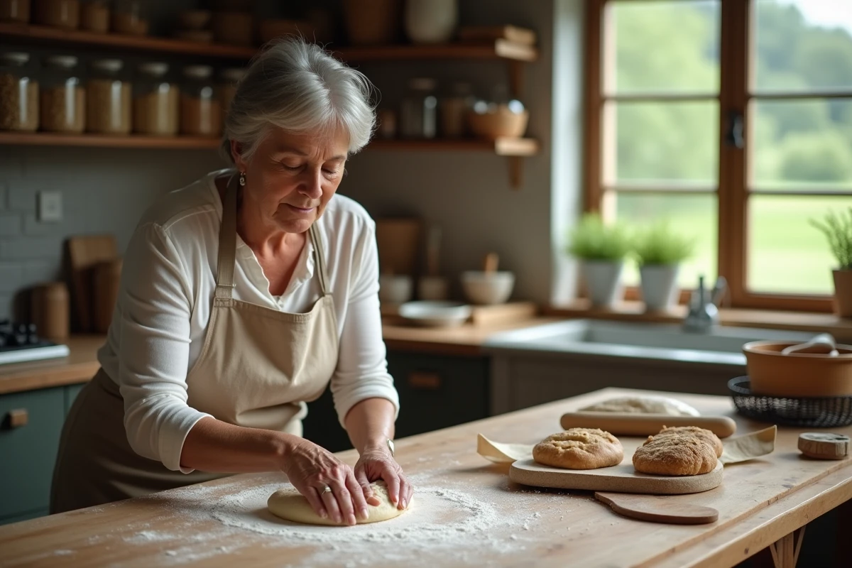 Femme en tablier façonnant la pâte dans une cuisine rustique
