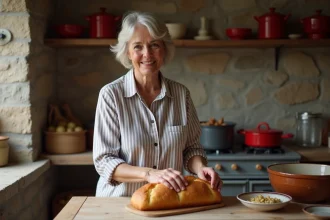 Femme pliant un quatrequarts breton dans une cuisine rustique