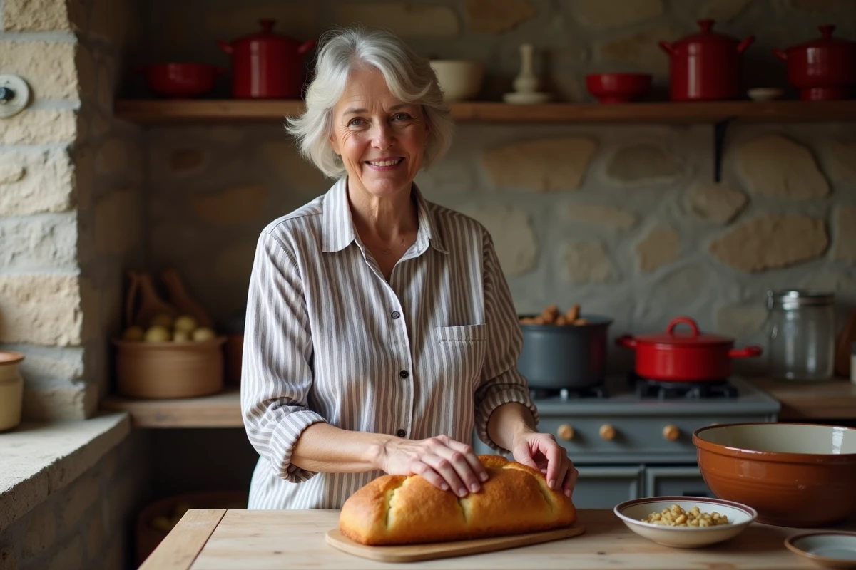 Femme pliant un quatrequarts breton dans une cuisine rustique