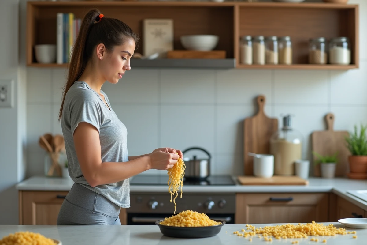 Femme sportive pesant des pâtes dans une cuisine lumineuse