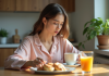 Aliments à éviter le matin : quelle est la bonne nutrition au réveil ? Jeune femme en pyjama regardant son petit déjeuner dans la cuisine