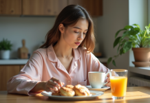 Jeune femme en pyjama regardant son petit déjeuner dans la cuisine