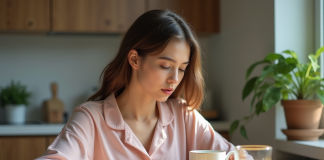 Jeune femme en pyjama regardant son petit déjeuner dans la cuisine