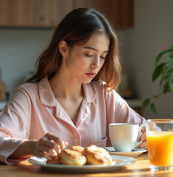 Aliments à éviter le matin : quelle est la bonne nutrition au réveil ? Jeune femme en pyjama regardant son petit déjeuner dans la cuisine