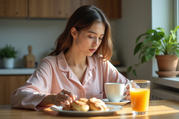 femme-petit-dejeuner-cuisine Jeune femme en pyjama regardant son petit déjeuner dans la cuisine