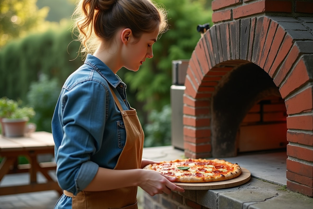 Jeune femme glisse une pizza dans un four à bois extérieur