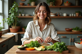 Femme souriante préparant un plateau detox dans une cuisine chaleureuse