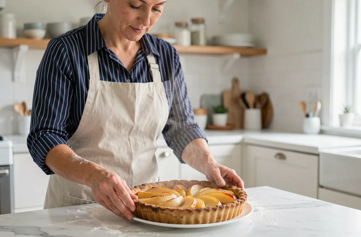 Femme posant une tarte aux poires sur un comptoir en marbre dans une cuisine scandinave épurée