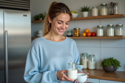 Femme versant du yogourt maison dans une cuisine moderne