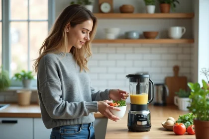Femme versant soupe de légumes dans un bol en cuisine lumineuse