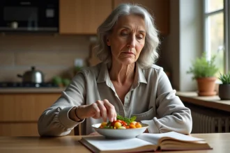 Femme réfléchie lisant un guide nutrition avec légumes