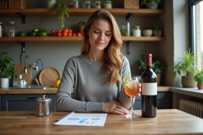 Femme saine choisissant vin rouge ou cocktail avec chartes keto
