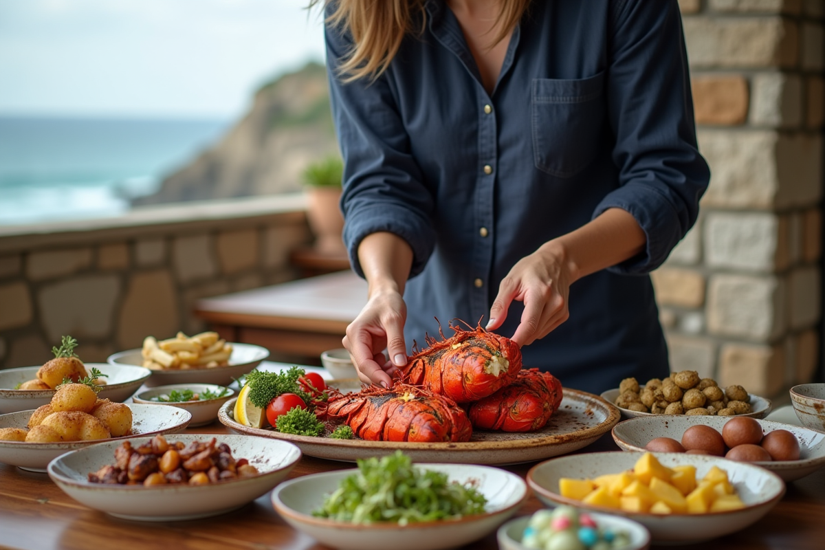 Femme servant des langoustes grillées sur une terrasse estivale