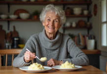 Conseils pour évaluer la quantité idéale de purée par convive Femme souriante servant purée de pommes de terre dans une cuisine chaleureuse