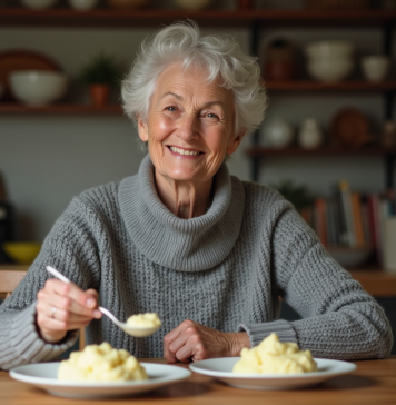 Conseils pour évaluer la quantité idéale de purée par convive Femme souriante servant purée de pommes de terre dans une cuisine chaleureuse