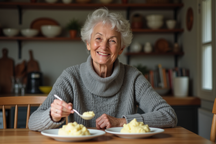 femme-servant-puree-mashee Femme souriante servant purée de pommes de terre dans une cuisine chaleureuse