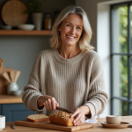 Femme souriante coupant un pain rustique dans la cuisine