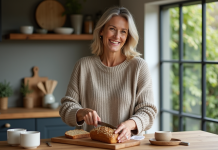 Femme souriante coupant un pain rustique dans la cuisine