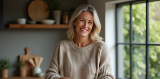 Petit déjeuner : comment remplacer le pain pour une alternative saine et gourmande ? Femme souriante coupant un pain rustique dans la cuisine