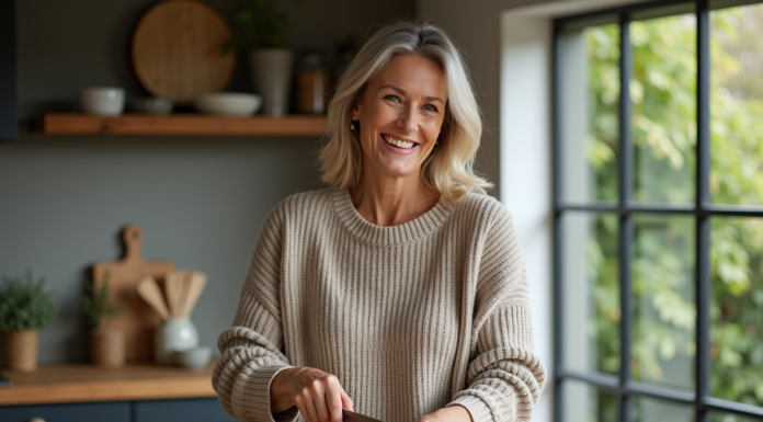Femme souriante coupant un pain rustique dans la cuisine