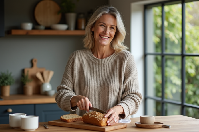 Femme souriante coupant un pain rustique dans la cuisine