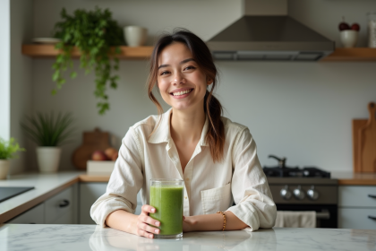 Femme avec smoothie keto dans une cuisine chaleureuse