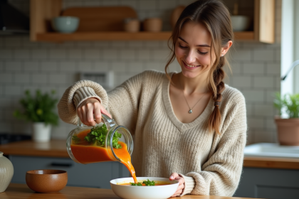 Femme souriante verse soupe de blender dans un bol en cuisine chaleureuse
