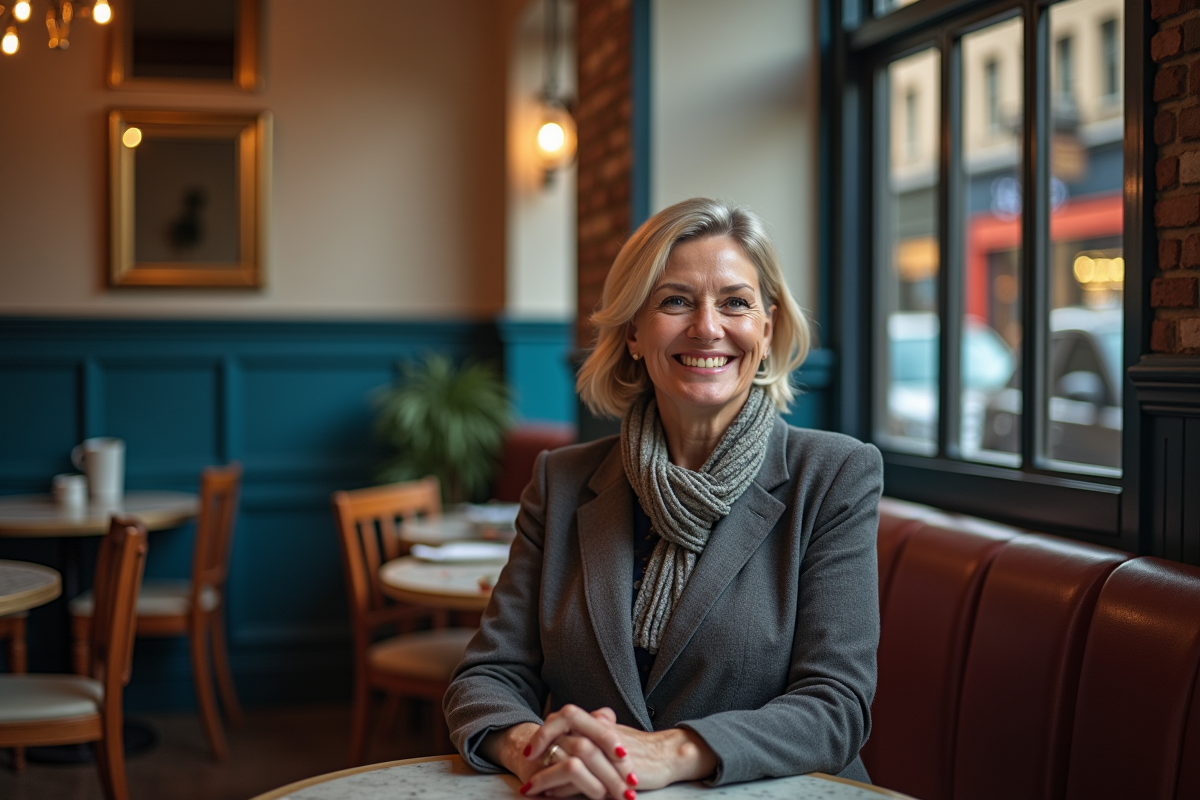 Femme souriante assise dans un bistro avec vue urbaine